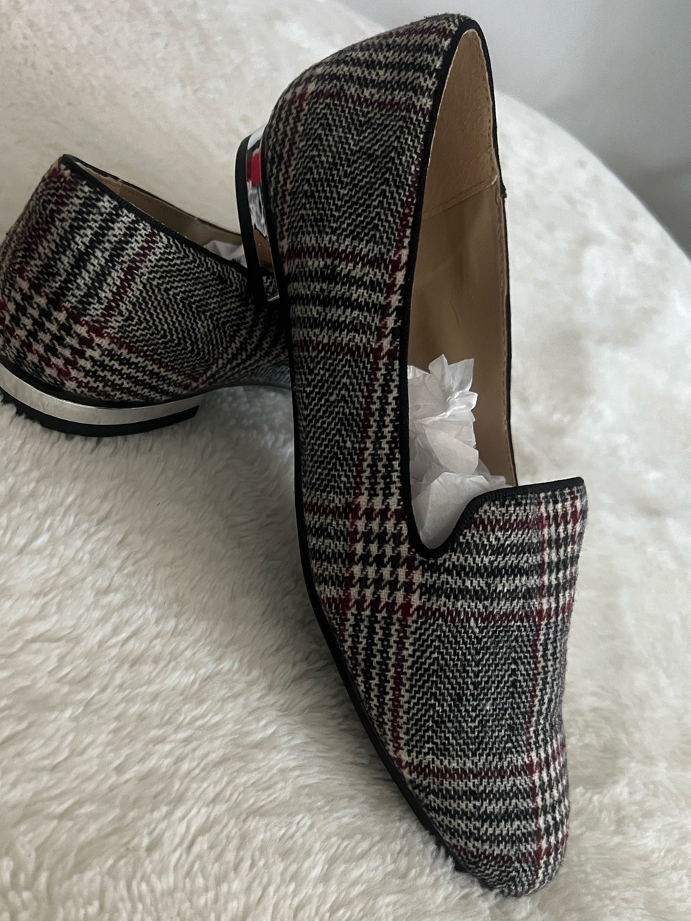 Ann Taylor Factory Plaid Tweed Loafers in Gray with Red Accent